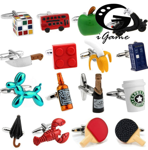 Factory Retail Novelty Cufflinks 29 Designs Option Police box/ Whiskey/ Coffee Cup/ Beer Cap/Cube/ Chaplin Design Cuff Links